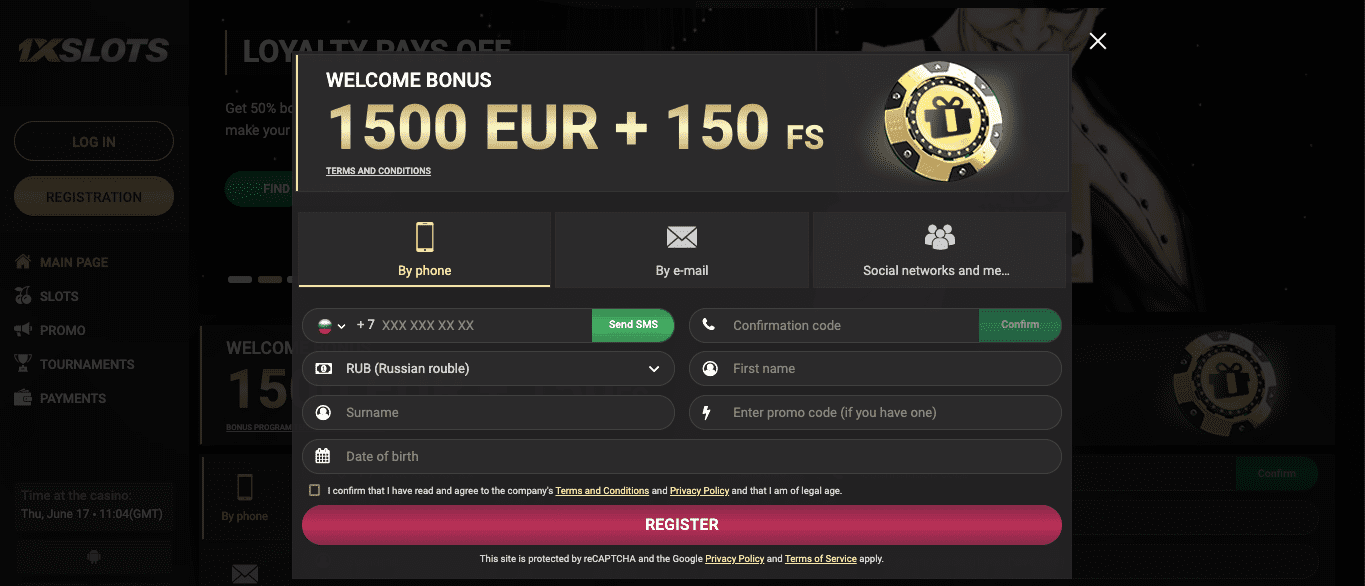 Registration on the official site 1xslots